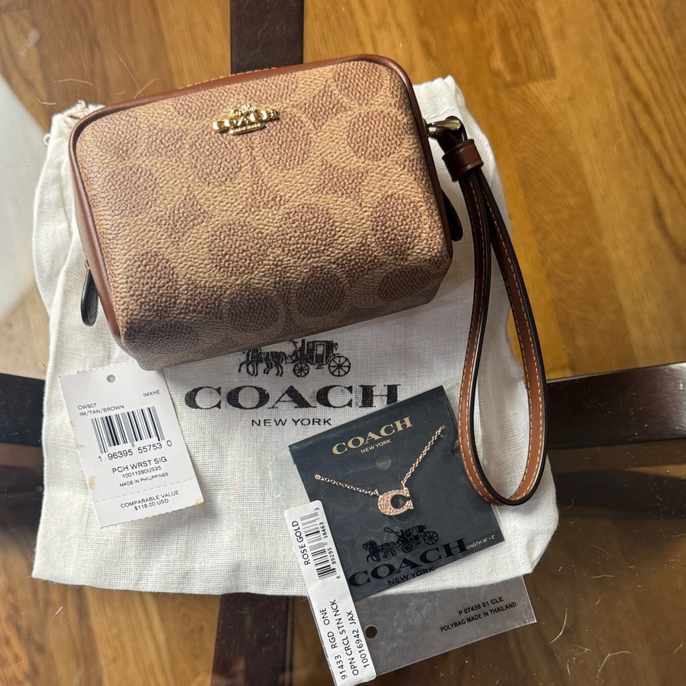Coach Tan Signature Wristlet and necklace bundle